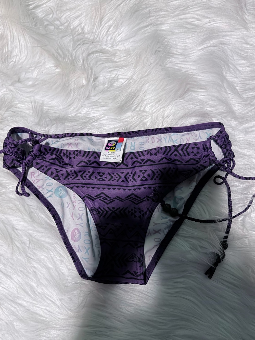 Roxy Purple Geometric Tribal Print String Bikini Bottoms Size L EUC